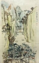 Chinese school - two figures on a bridge, calligraphy top right, watercolour, 63 x 39cm, framed