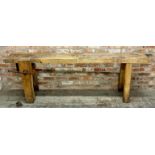 Early 20th century French work bench with iron vice, H 77cm x W 222cm x D 33cm