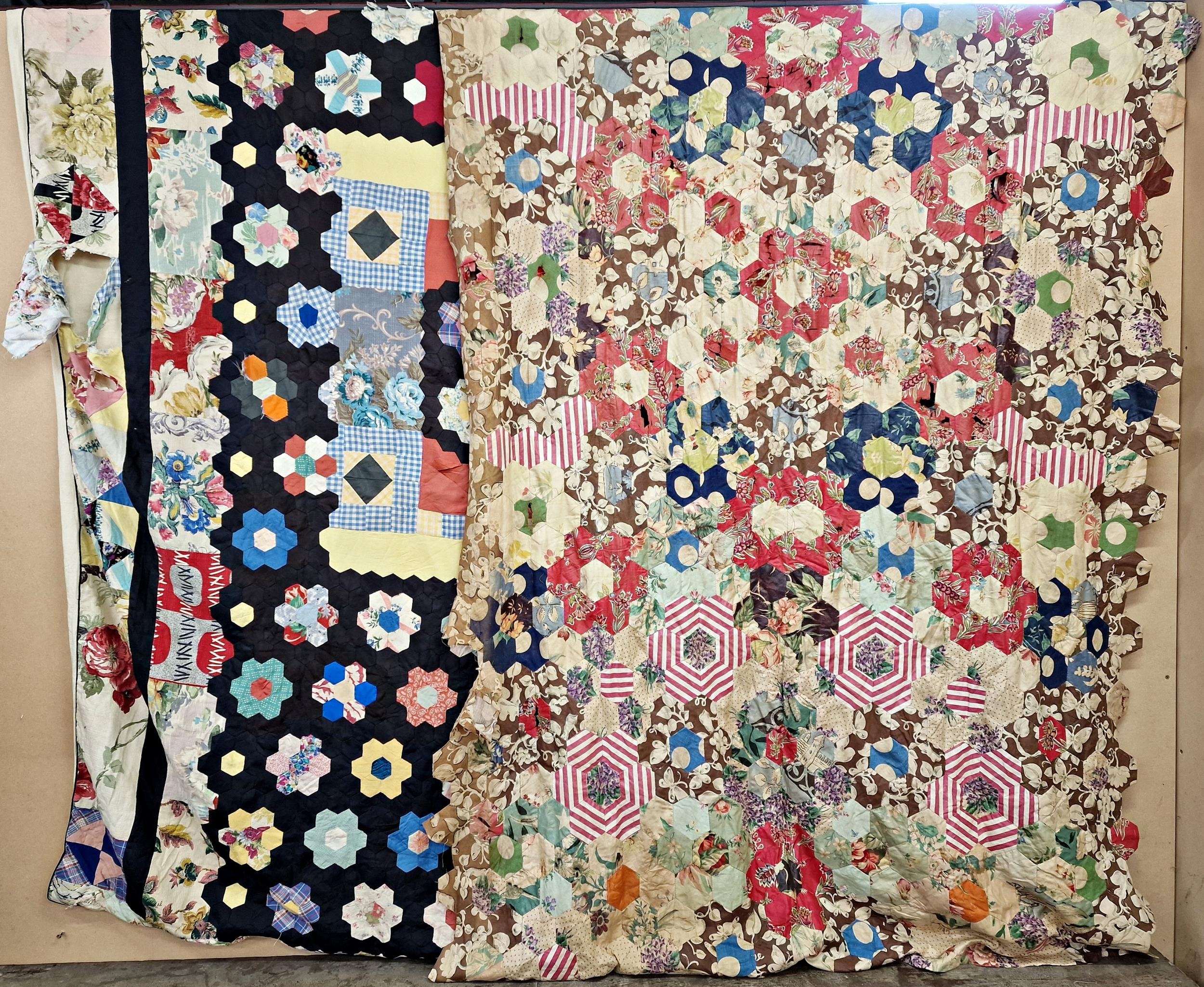 Victorian patchwork bed cover with hexagon pieces in printed cotton, together with a further vintage