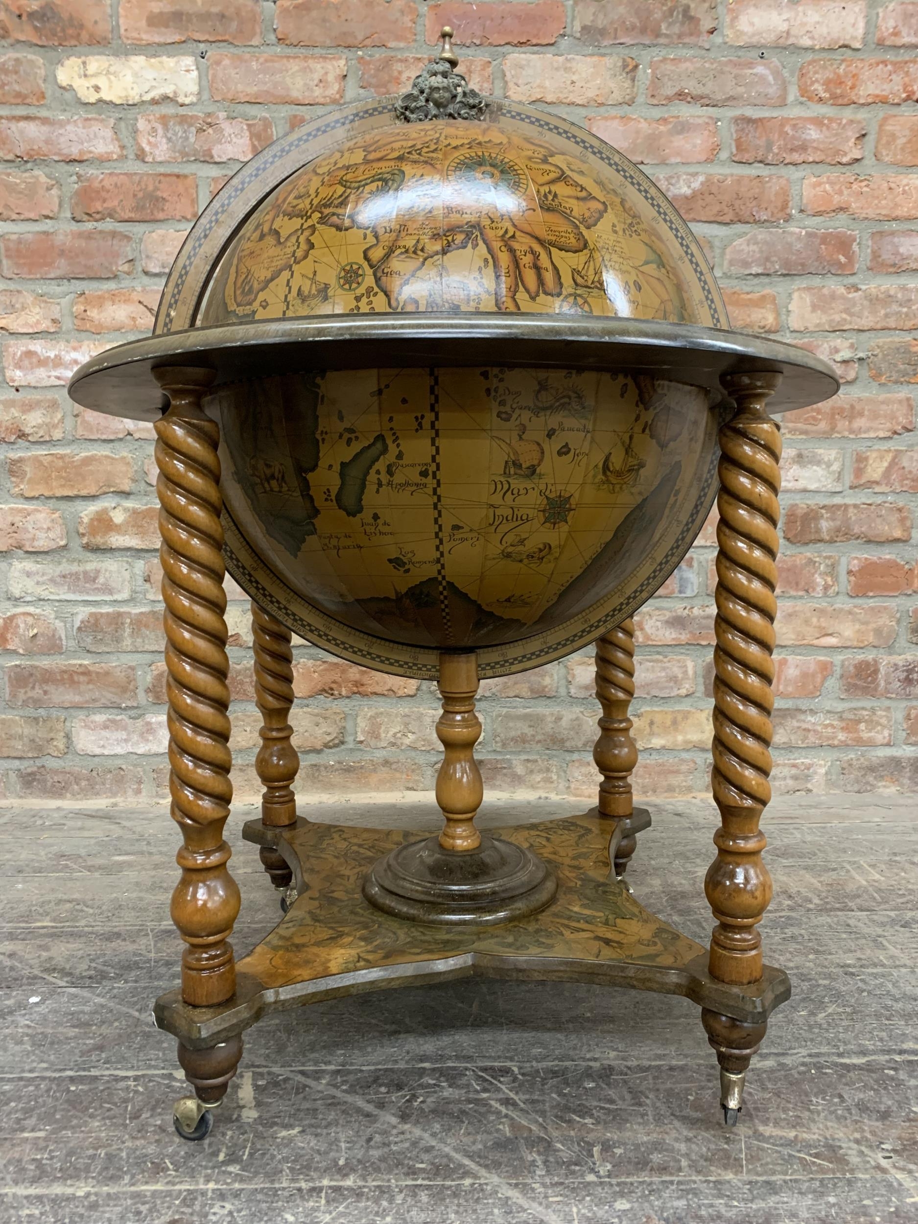 Novelty globe drinks cabinet, fitted interior and barley twist supports, H 100cm x Dia 65cm - Image 4 of 5