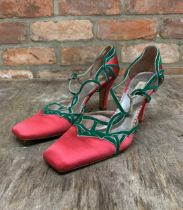 Pair of vintage Prada Vera Cuoio pink and green ladies high heel shoes, size 37
