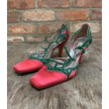 Pair of vintage Prada Vera Cuoio pink and green ladies high heel shoes, size 37