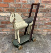 Folk Art style scratch built wooden push along horse toy, H 70cm