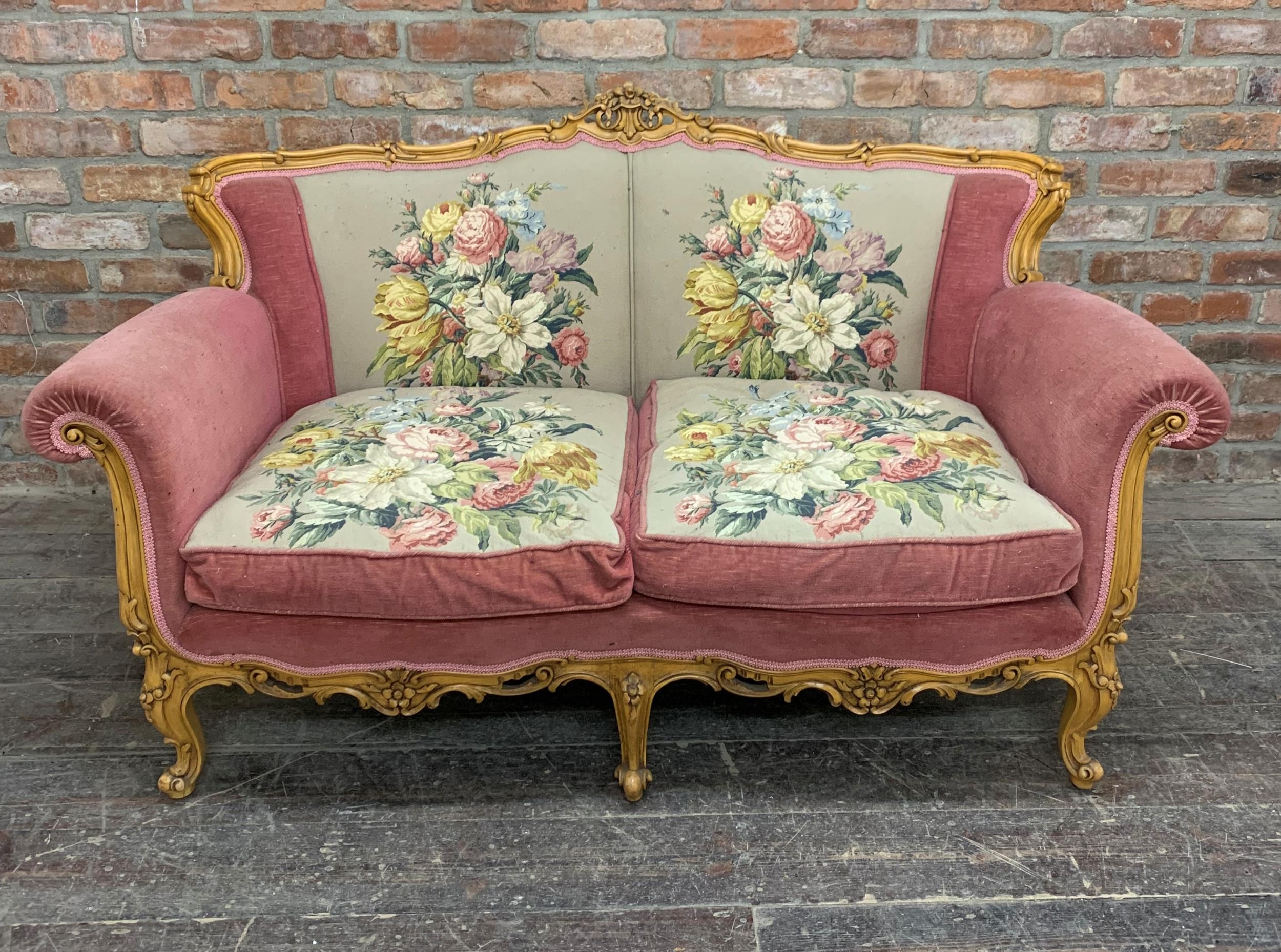 Good quality French three piece parlour suite, floral tapestry upholstery panels and show wood - Image 2 of 4