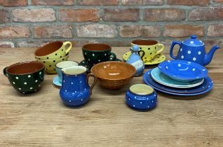 Assortment of green, yellow and blue polka dot design ceramics to include tea pot, cups and bowl (