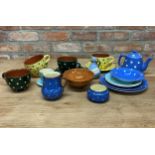 Assortment of green, yellow and blue polka dot design ceramics to include tea pot, cups and bowl (