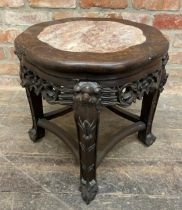 19th Century Chinese Padauk wood pot stand with inset marble top and typical carved frame, H 45cm
