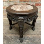 19th Century Chinese Padauk wood pot stand with inset marble top and typical carved frame, H 45cm