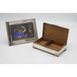 Engine turned silver cigarette box, cedar lined interior, with a further silver easel frame (2)