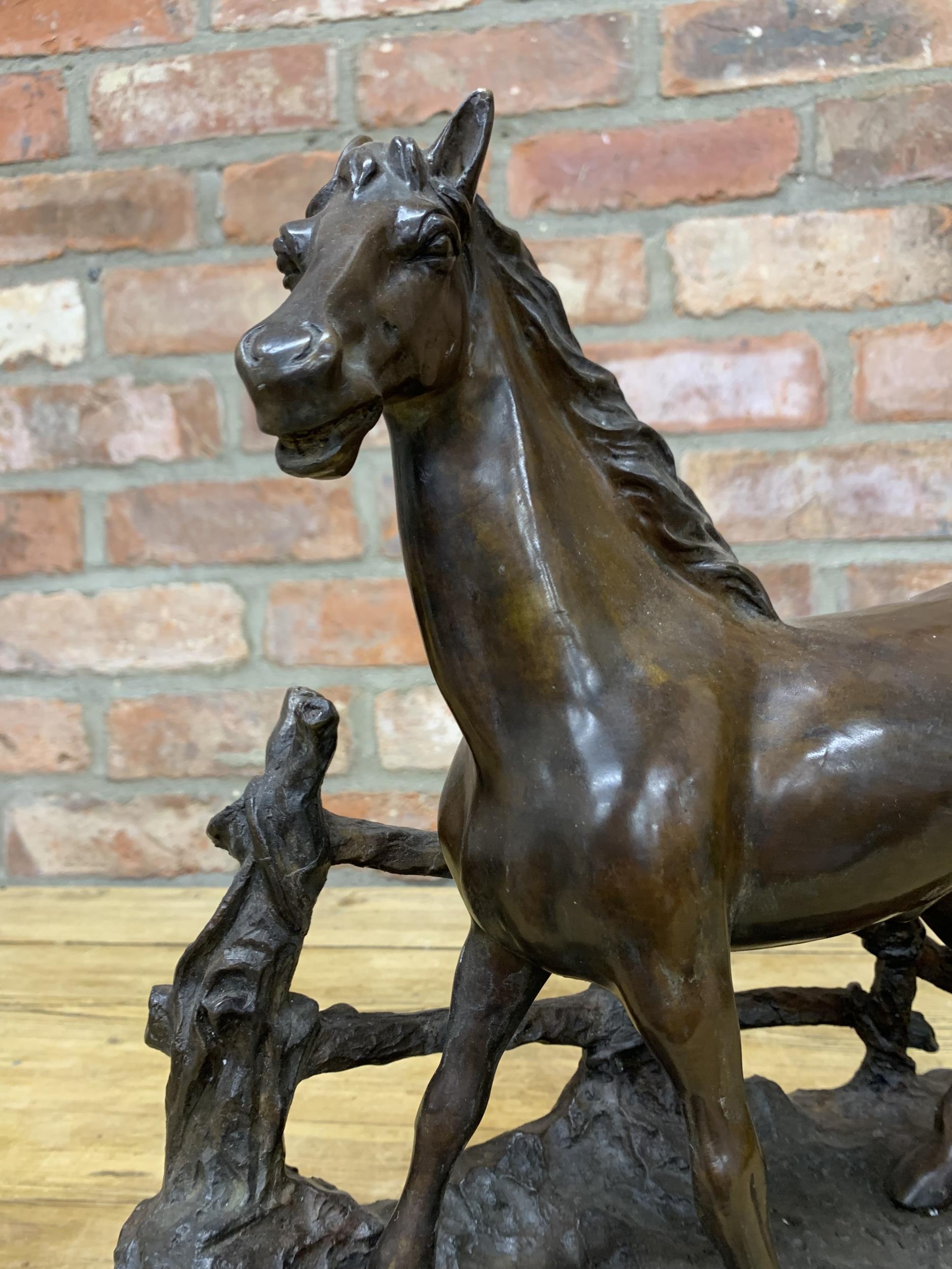 Cast bronze study of a horse and fence, on black marble base, H 36cm x W 39cm - Image 2 of 3