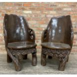 Pair of substantial carved hardwood chairs in a naturalistic style, H 108cm x W 62cm
