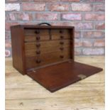 Wooden engineers chest with seven draw interior and original working key, H 29cm x W 43cm