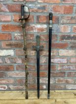 19th century dress sword and hilt, with a further small broadsword and swordstick (3)