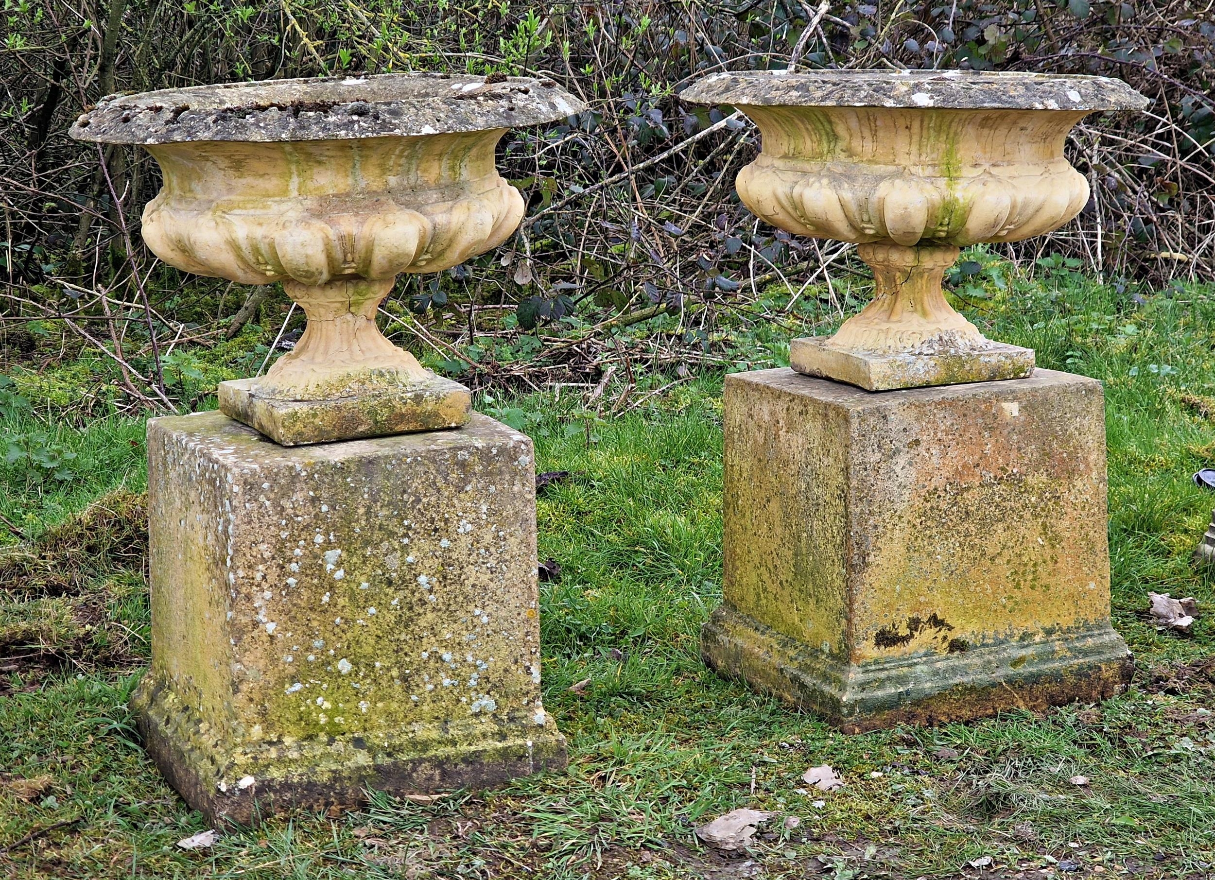 A pair of weathered reconstituted stone garden urns with lobed bowls raised on square cut pedestals,
