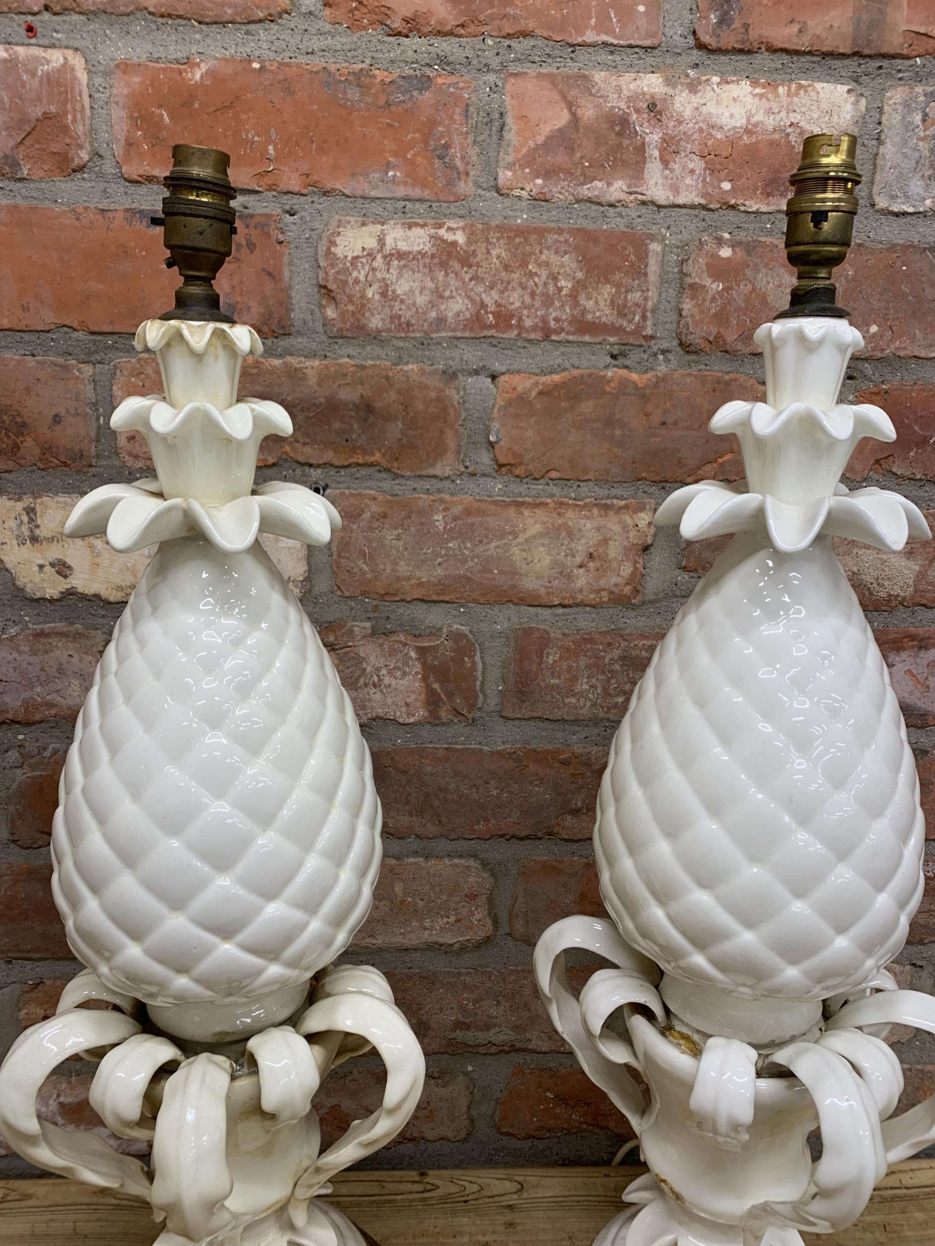 Pair of large Italian creamware pineapple table lamps, H 72cm (AF) - Image 3 of 3