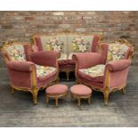 Good quality French three piece parlour suite, floral tapestry upholstery panels and show wood