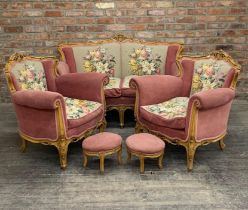 Good quality French three piece parlour suite, floral tapestry upholstery panels and show wood