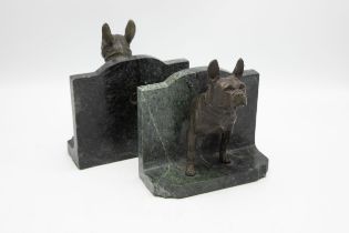Good quality pair of cast bronze and marble French Bulldog bookends, H 18cm x W 16cm