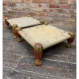 Pair of antique Indian marriage stools, atop turned wood feat with strap work seat, H 22cm x 50cm