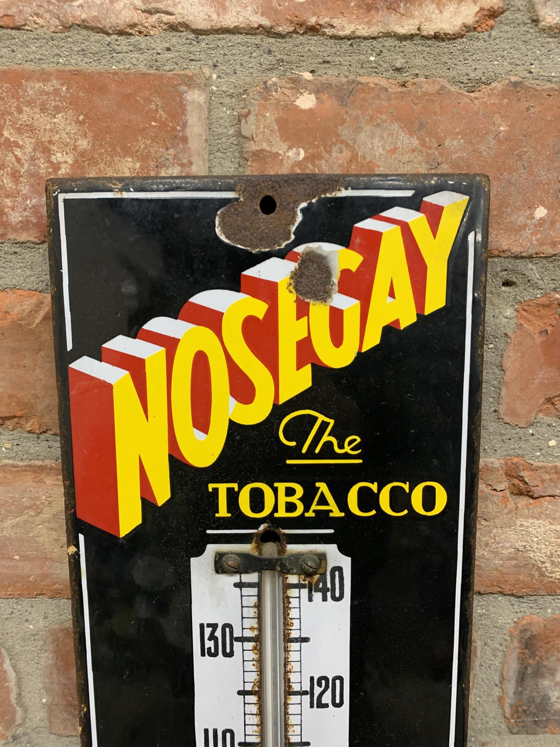 Nosegay tobacco black and yellow enamel advertising sign with thermometer, H 61cm - Image 2 of 3