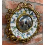 Clarice Cliff Art Deco convex mirror with floral and bird design ceramic surround held within