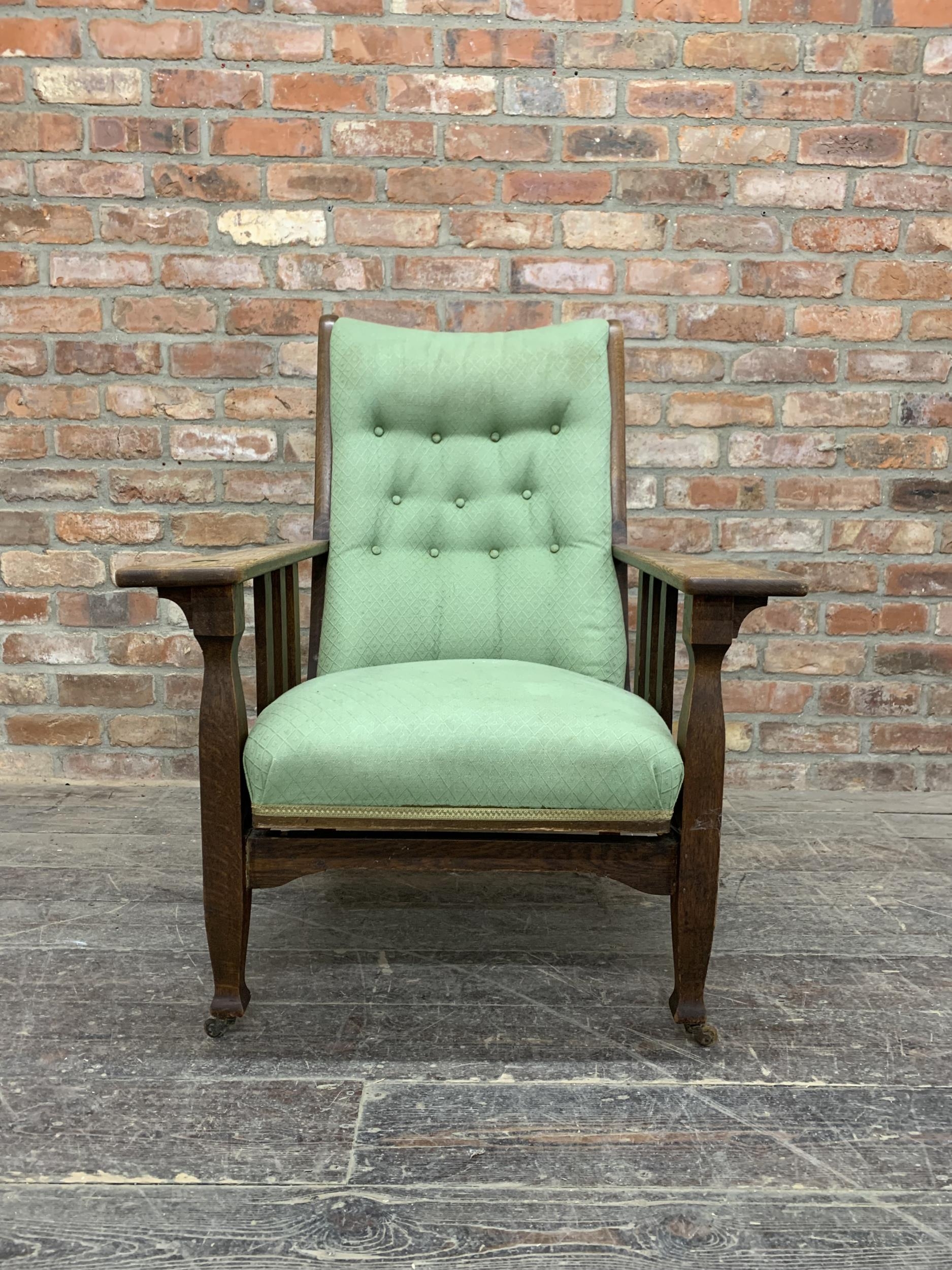 James Shoolbred Arts and Crafts oak reclining arm chair with green button back upholstery, raised - Image 2 of 4