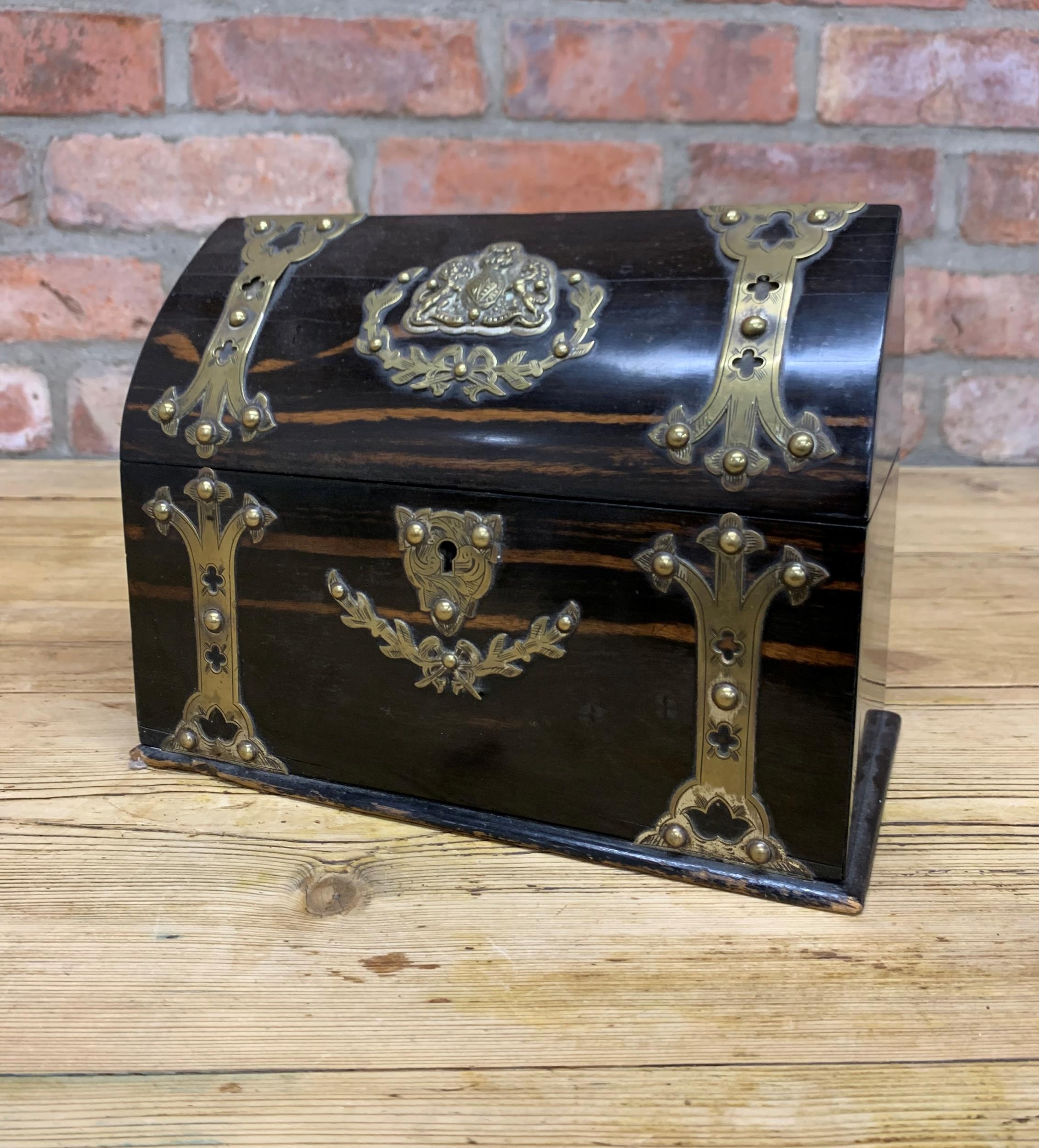 Antique Gothic style Coromandel desktop letter box with polished brass mounts and coat of arms