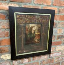 Large framed print of 'Beautiful Beatrice' with a floral Art Nouveau wooden backing. Signed by