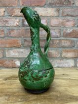 18th century Turkish Ottoman Canakkale pottery ewer with olive green glaze, bulbous body, long