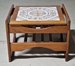 1970s teak tile top coffee table with slatted undertier, H 43cm x W 58cm