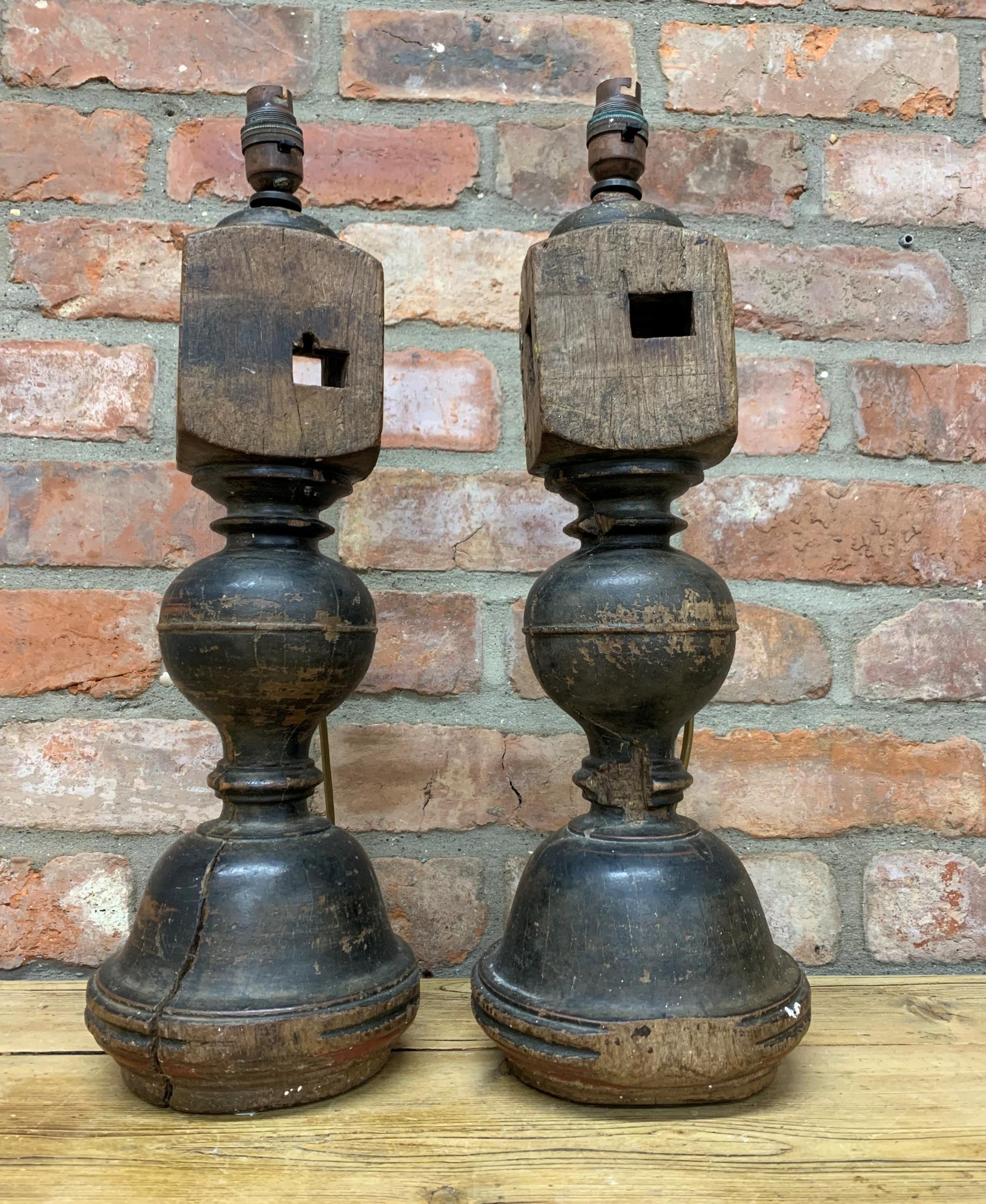 Pair of antique Indian turned wood reclaimed column baluster table lamps, H 50cm