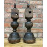 Pair of antique Indian turned wood reclaimed column baluster table lamps, H 50cm