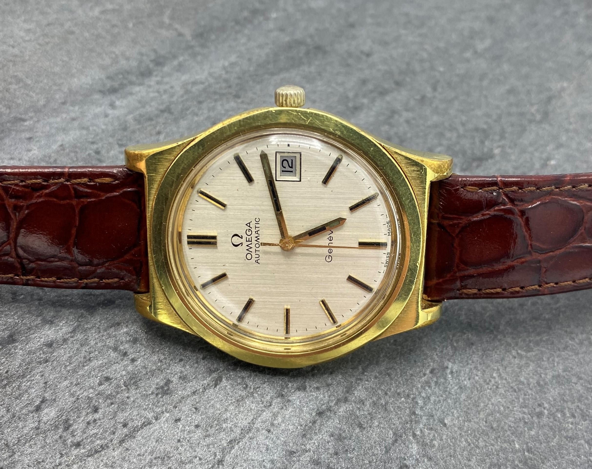 Vintage Omega Geneve Automatic gold plated gents dress watch, 38mm case, champagne dial with gilt