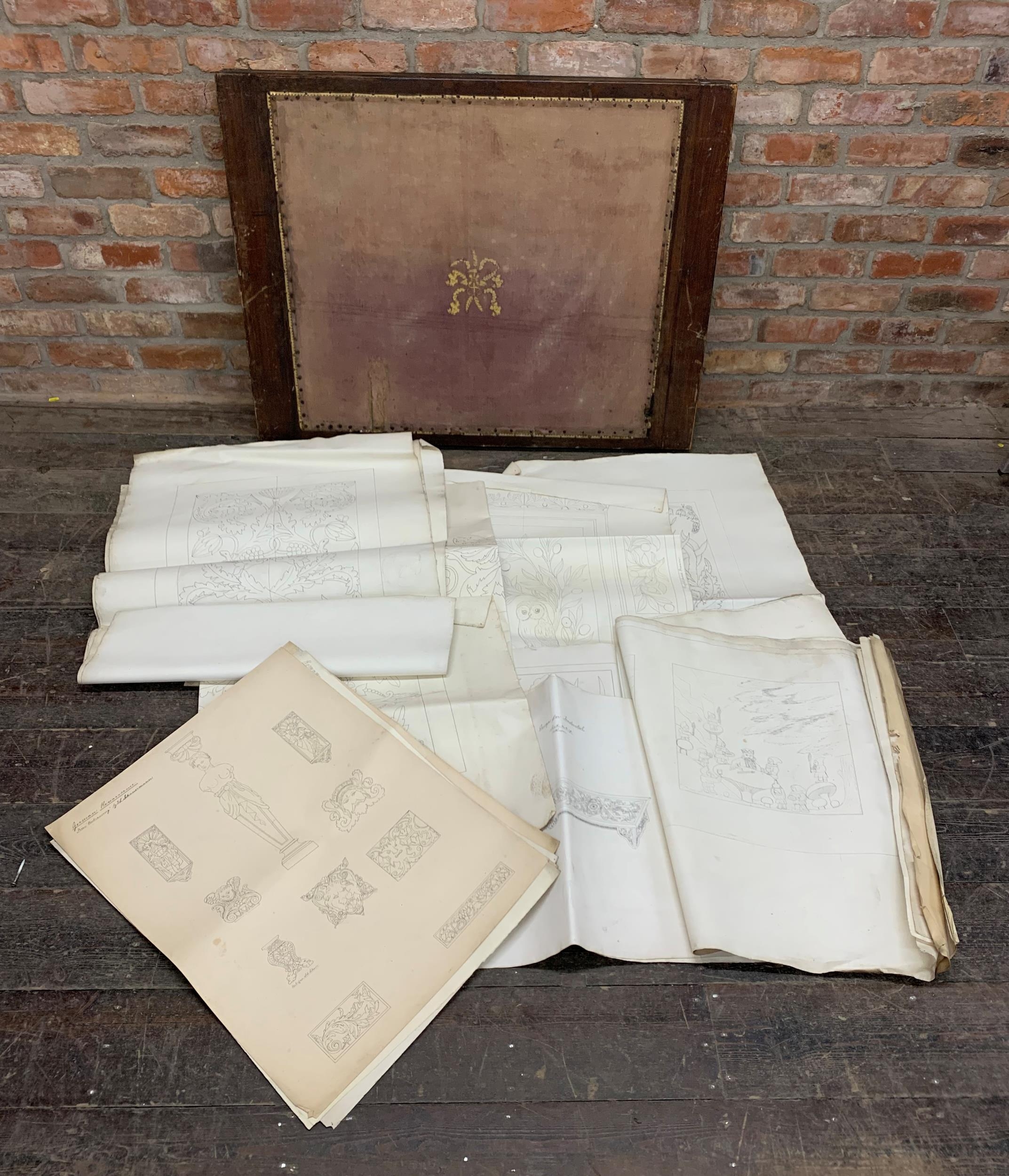 Large collection of original Arts & Crafts sketch drawings of furniture and panel designs, held in