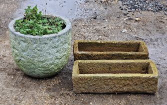 A fibre glass planter, H 39cm x DIA 38cm together with two faux composite / resin troughs (3)