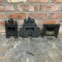 3 Antique miniature cast iron salesman sample fireplaces, Largest measures 35 x 38cm