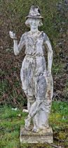 Good weathered reconstituted stone statue of a lady wearing a Welsh hat with distressed paintwork, H