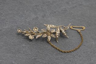 Antique 9ct floral seed pearl brooch, 5.5cm long, 3.4g