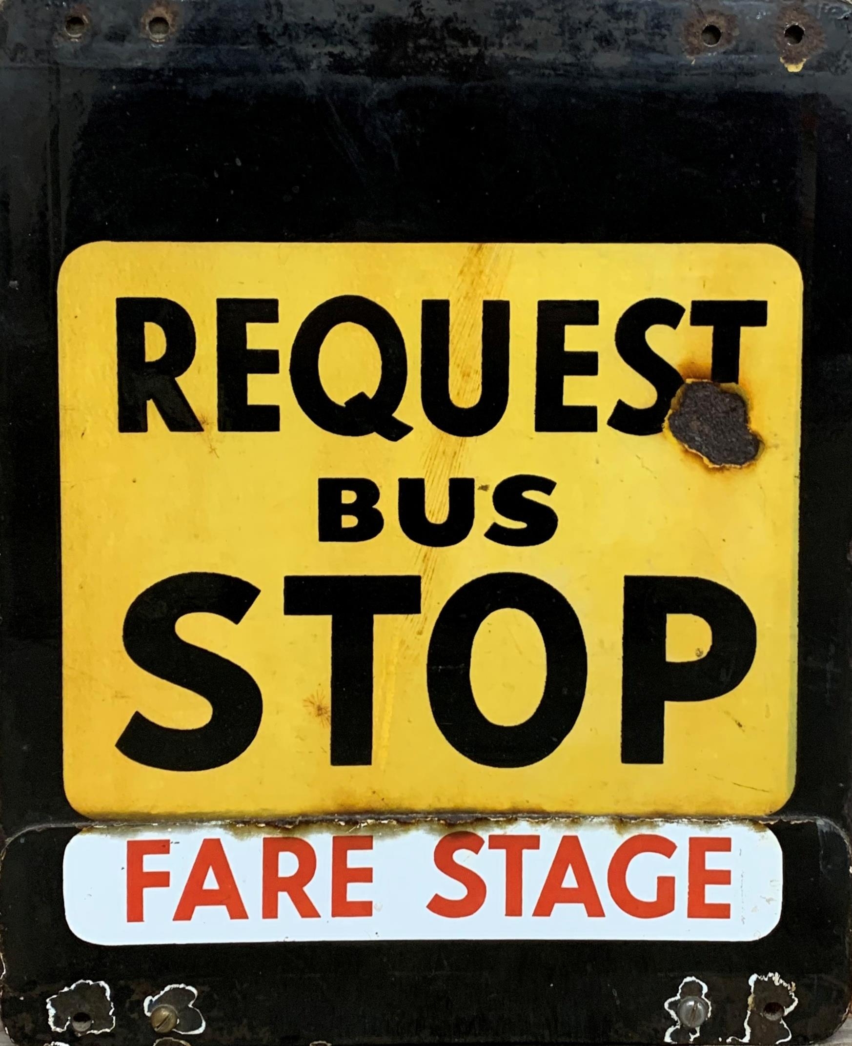 Vintage 'Request Bus Stop' yellow and black double sided enamel sign, 42cm x 34cm