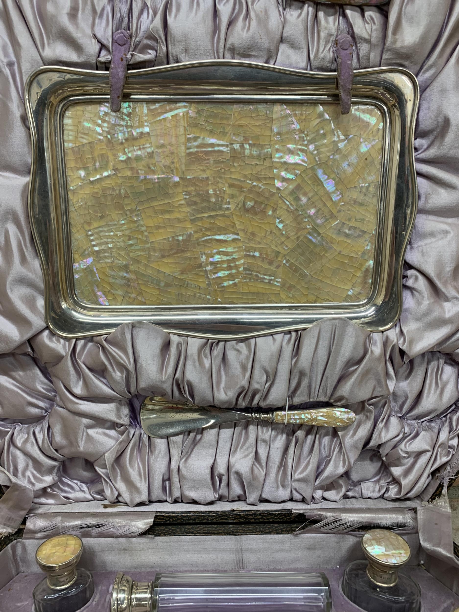 The most remarkable silver and mother of pearl dressing or vanity set, the larger leather case - Image 4 of 5