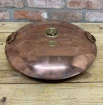 Antique twin handled polished copper carriage foot warmer, H 12cm x D 40cm