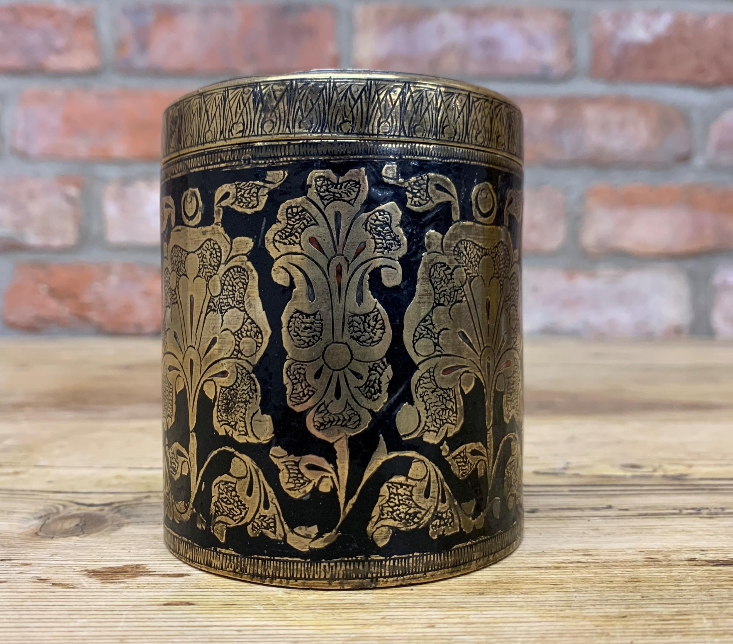 Antique Persian niello enamel and brass lidded pot, H 9cm - Image 2 of 4