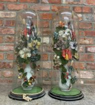 Good pair of Victorian woven silk floral dioramas in bisque vases, under good tall circular glass