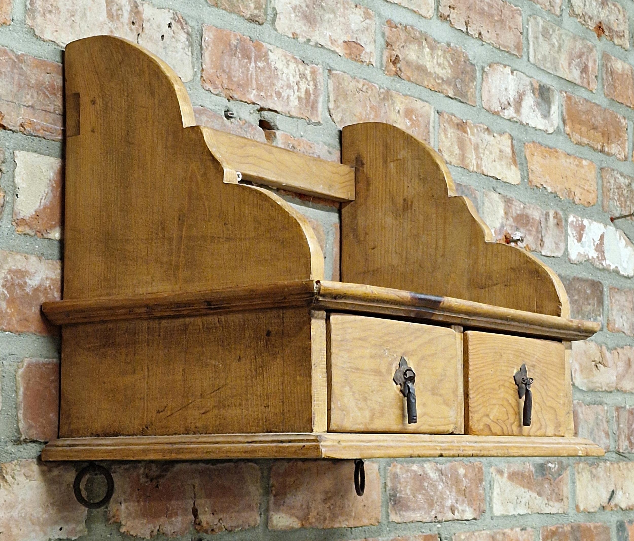 Antique pine wall hanging spice rack/kitchen shelf with two drawers and wrought iron handles, H 39cm - Image 2 of 3