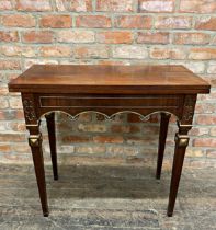 18th Century Swedish mahogany fold over card table with green baize top and brass trim along the