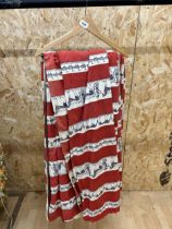 Two pairs of vintage lined curtains with alternating red and cream banded ground having printed