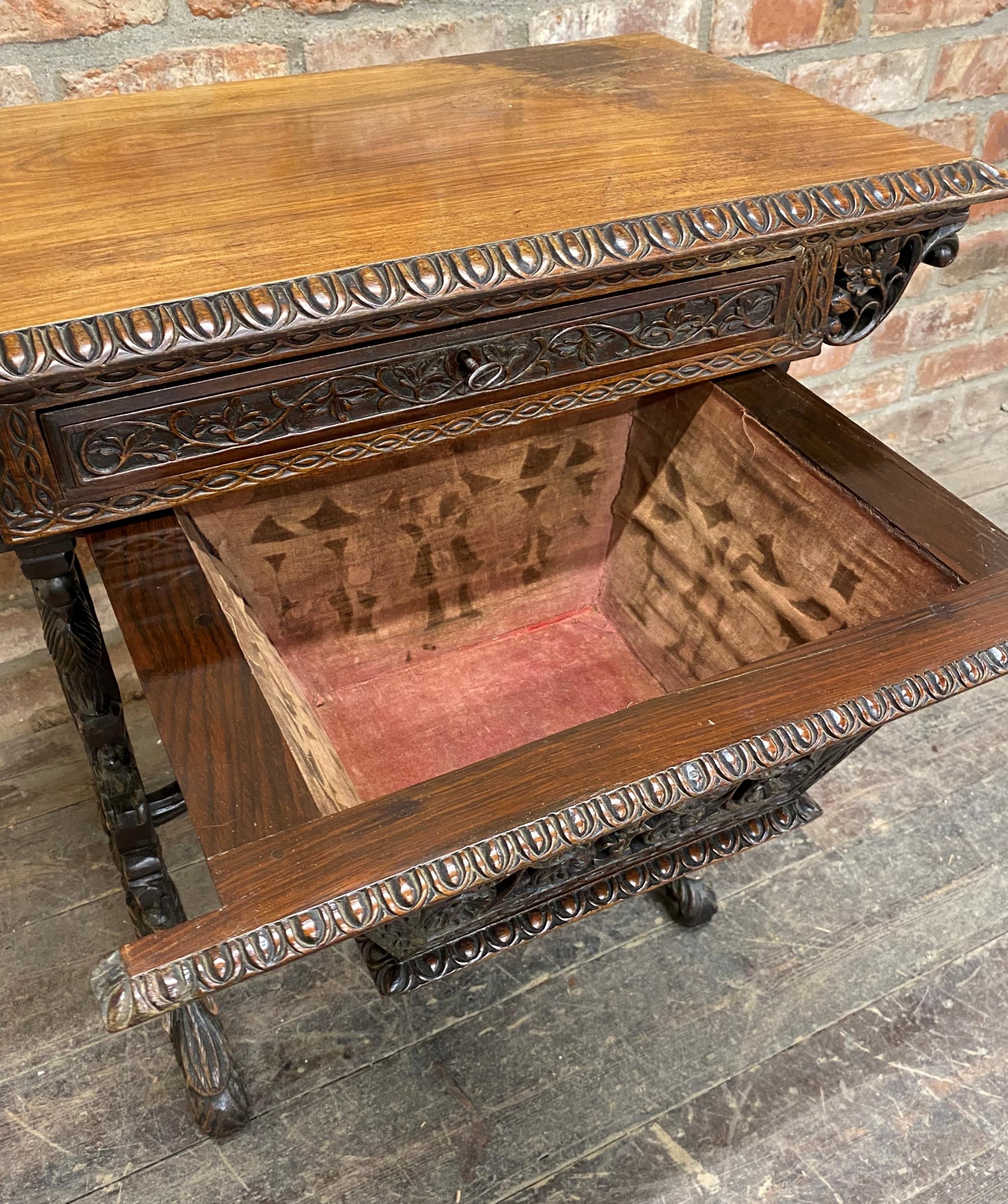 Exceptional quality Anglo Burmese / Indian padauk work table, the top with darted borders upon a - Image 6 of 9