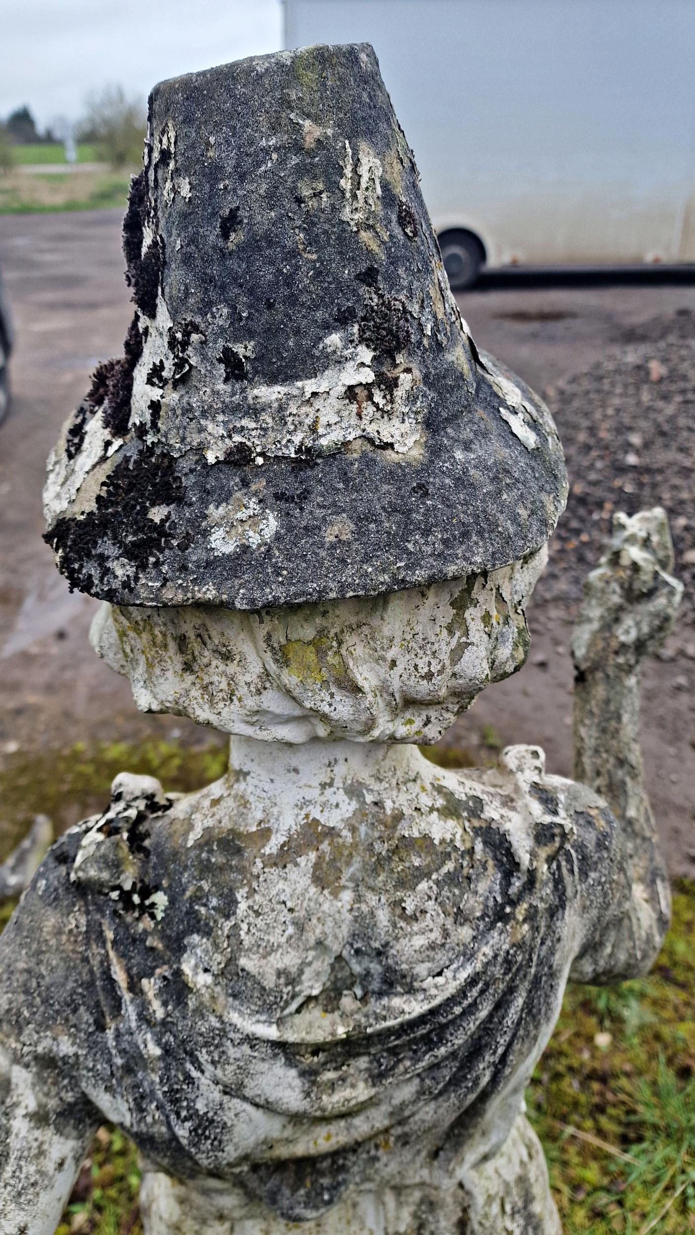 Good weathered reconstituted stone statue of a lady wearing a Welsh hat with distressed paintwork, H - Image 2 of 3
