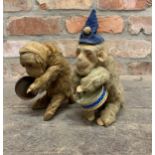 Two wind up monkey musical toys with drum and percussion instruments, both with working clockwork