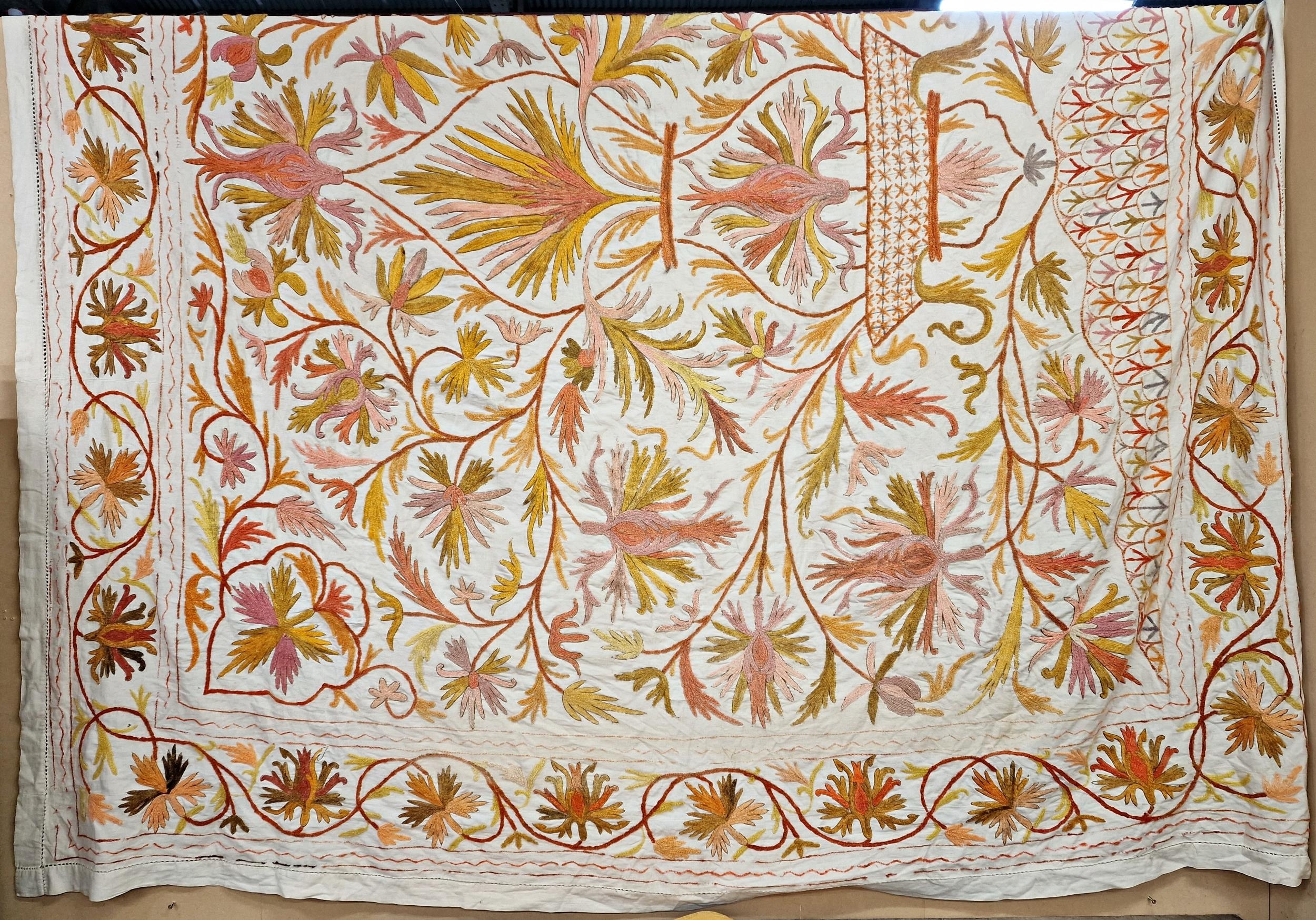 Crewel work bed cover together with a printed fabric panel, largest 240cm x 240cm (2)